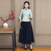 Retro Oriental Charm Pure Color Cheongsam Skirt Suit